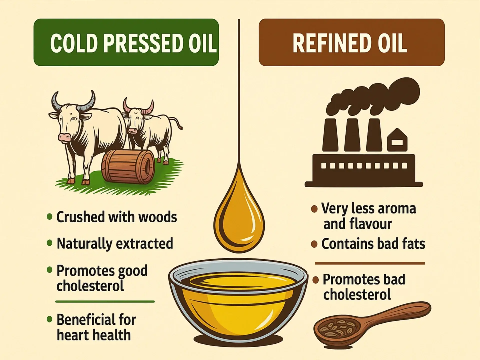 नैसर्गिक तेल विरुद्ध रिफाइंड तेल: घाणा आणि एक्स्पेलर विरुद्ध रिफायनरी
